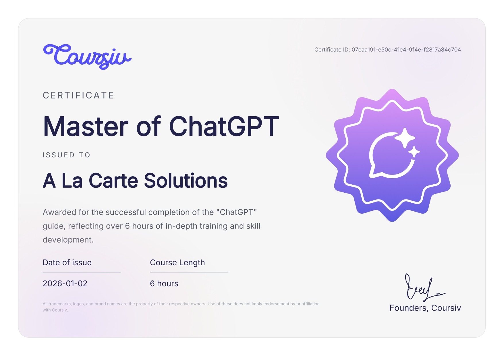 ChatGPT AI Certificate - A La Carte Solutions