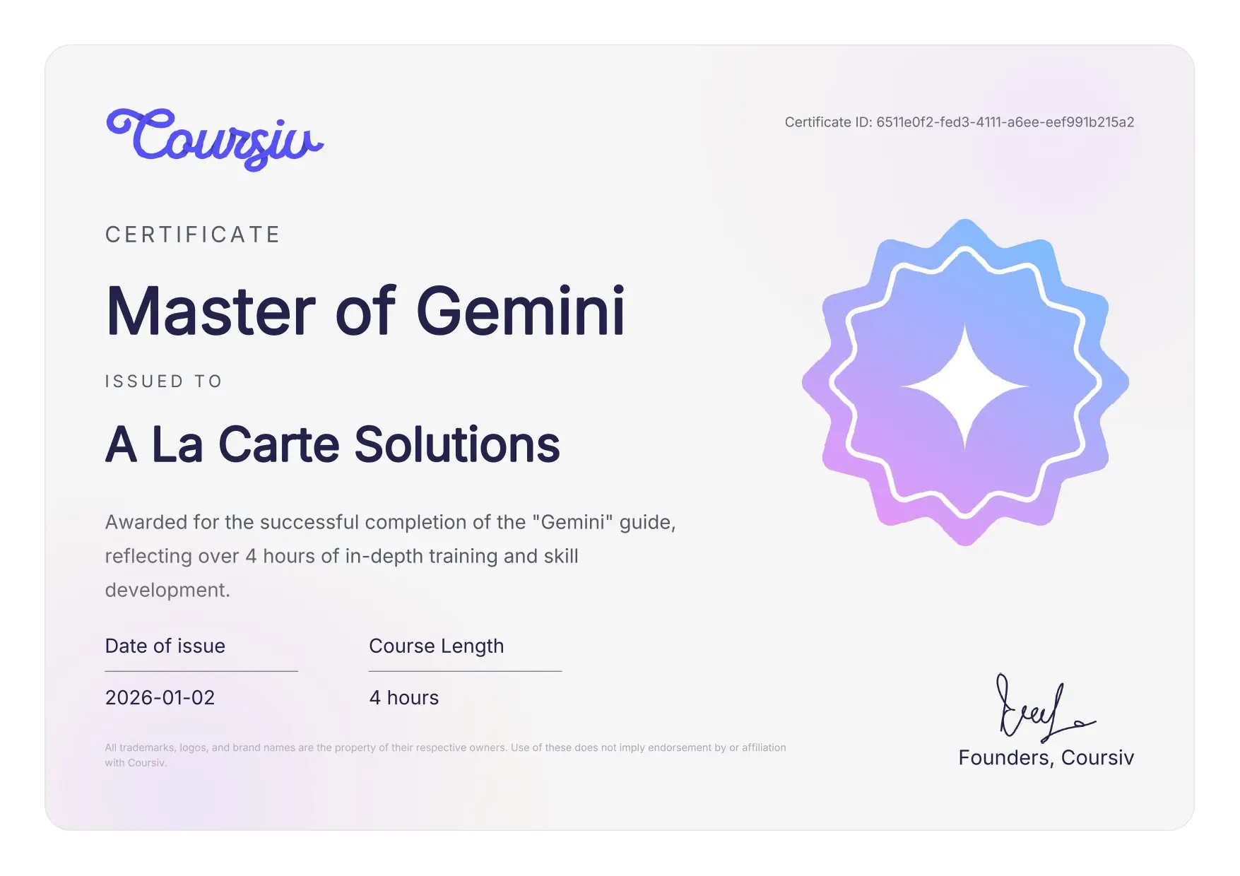 Gemini AI Certificate - A La Carte Solutions